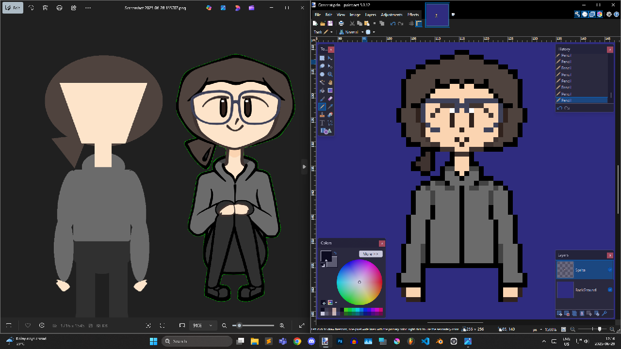 A screenshot of the player sprite being made using reference to the design in 'Healer' birthday video.